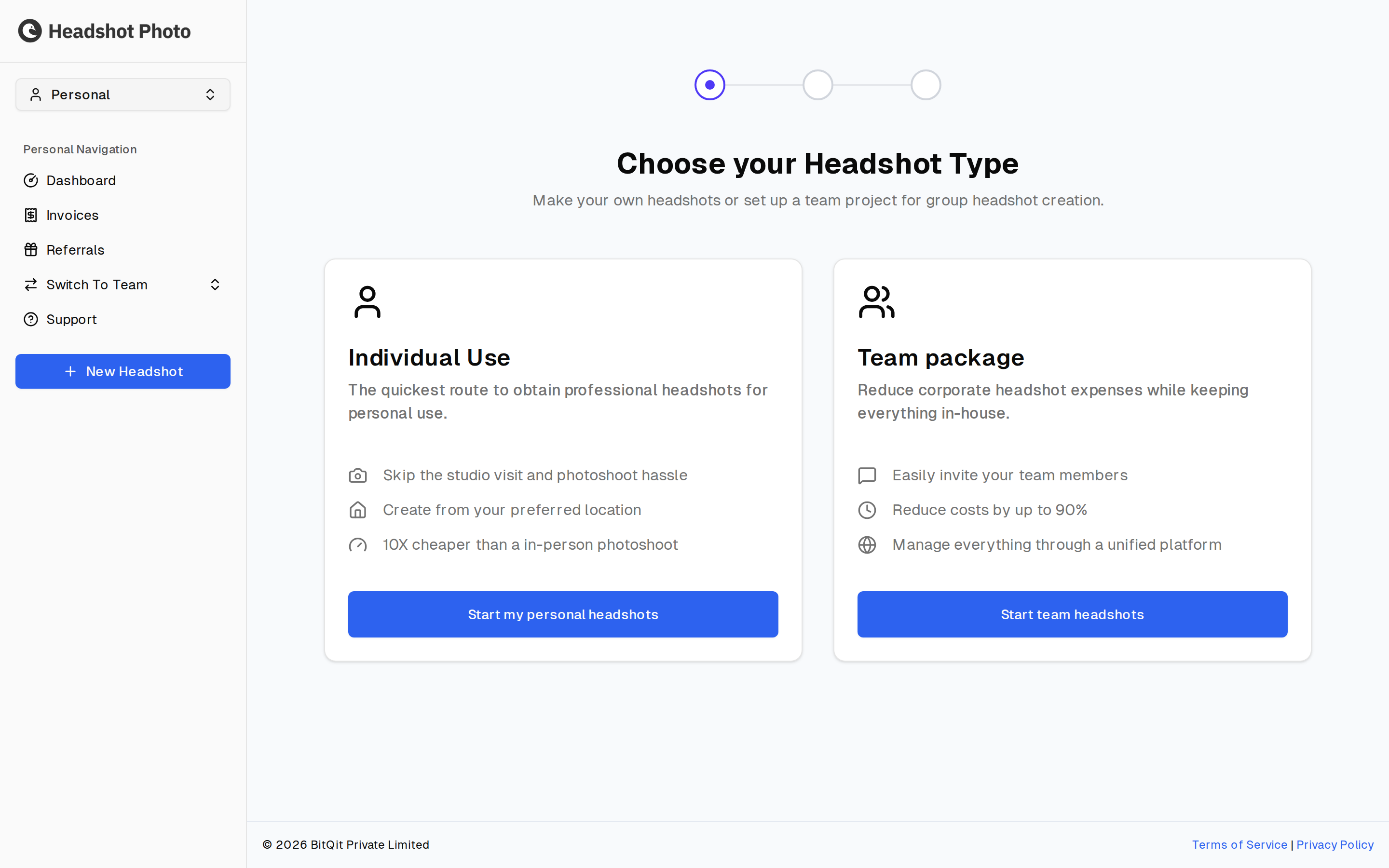 Individual and team headshot type selection