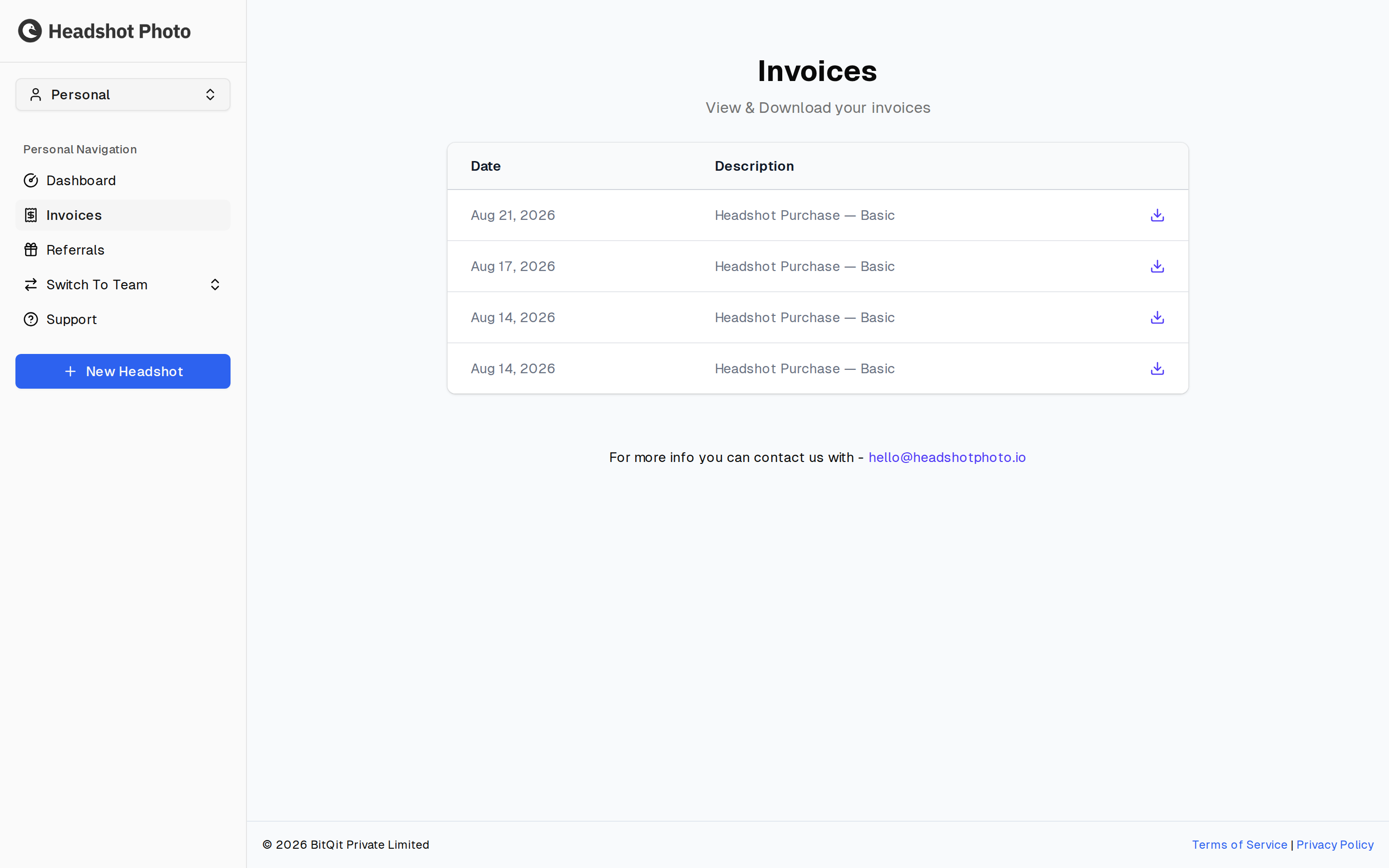 Invoices page listing each purchase by date and description, with a download button per row