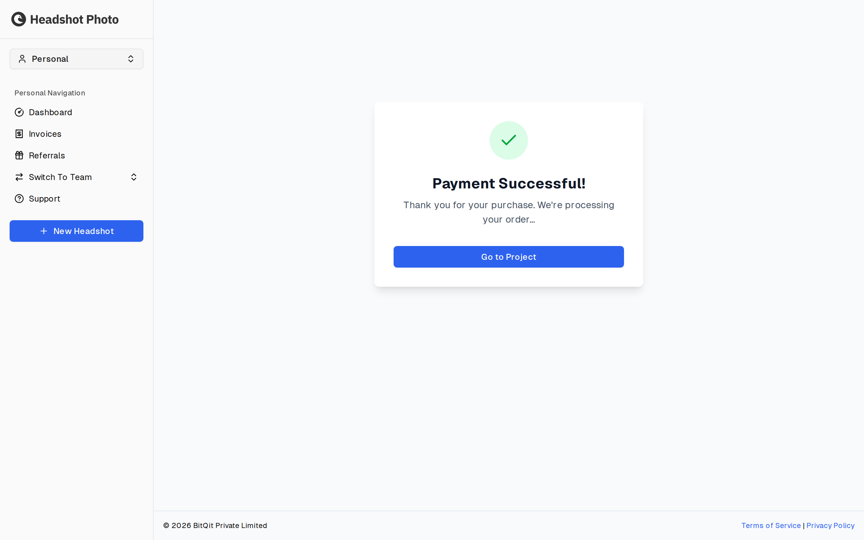 Payment Successful confirmation with a Go to Project button