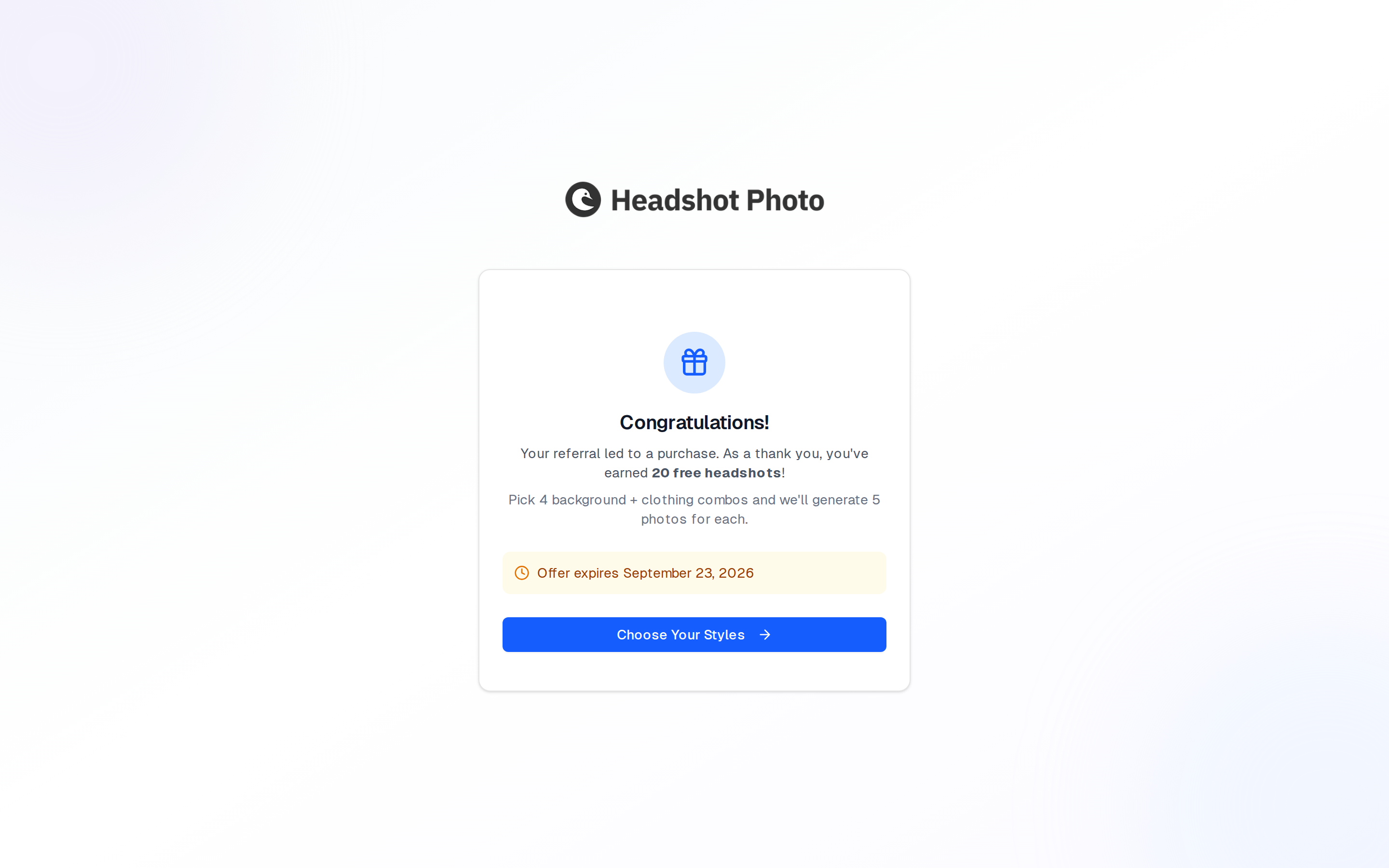 Referral claim page confirming 20 free headshots, the offer expiry date, and a Choose Your Styles button