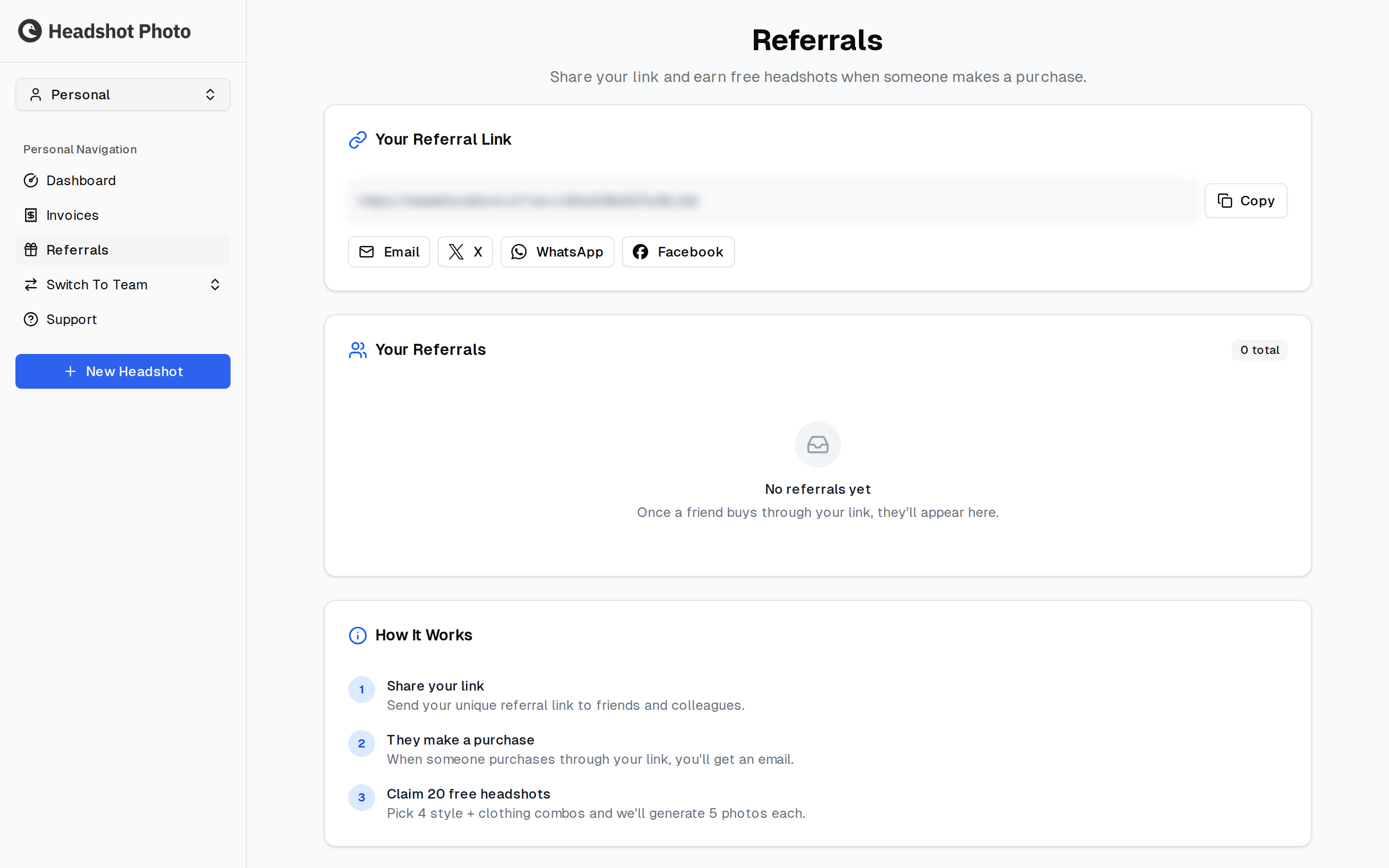 Referrals page showing the referral link with sharing buttons, the referral list, and a How It Works panel
