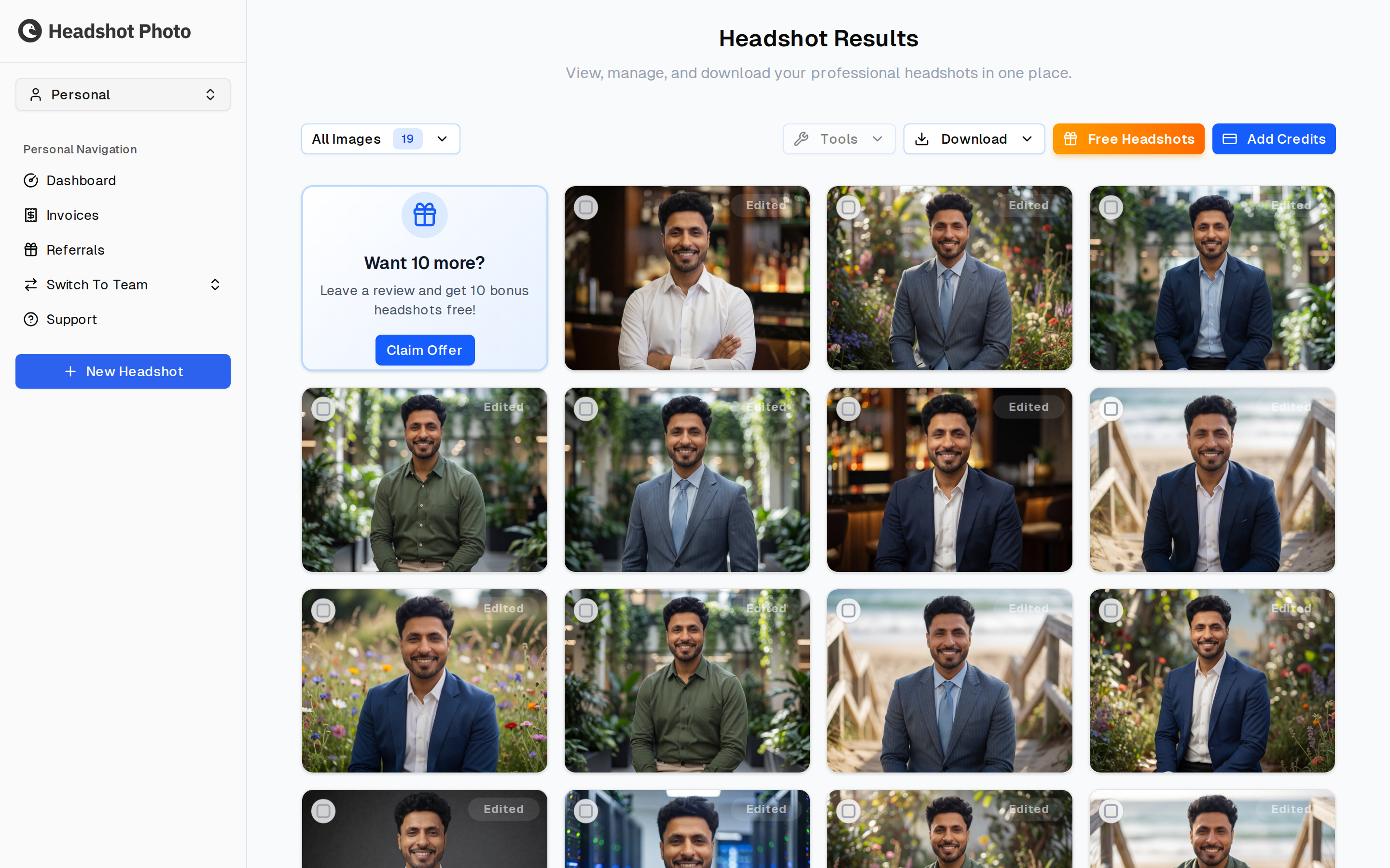 Results gallery for an individual headshot session