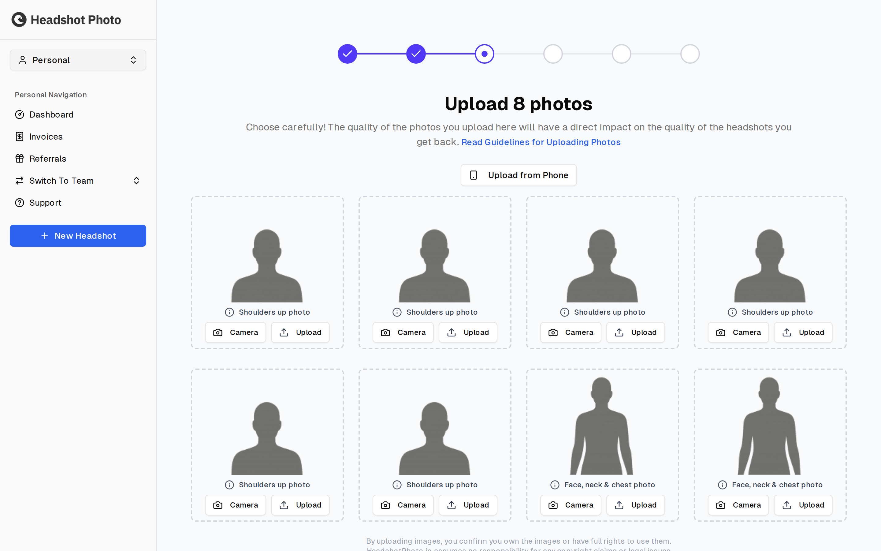 Upload photos screen for an individual headshot session