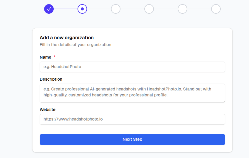 Add team information form with organization name and description fields