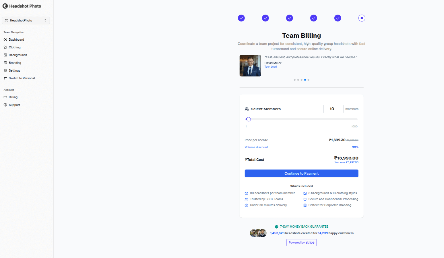 Billing step during team setup wizard