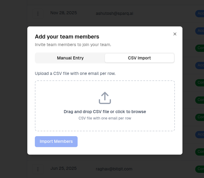 CSV import interface for bulk adding team members