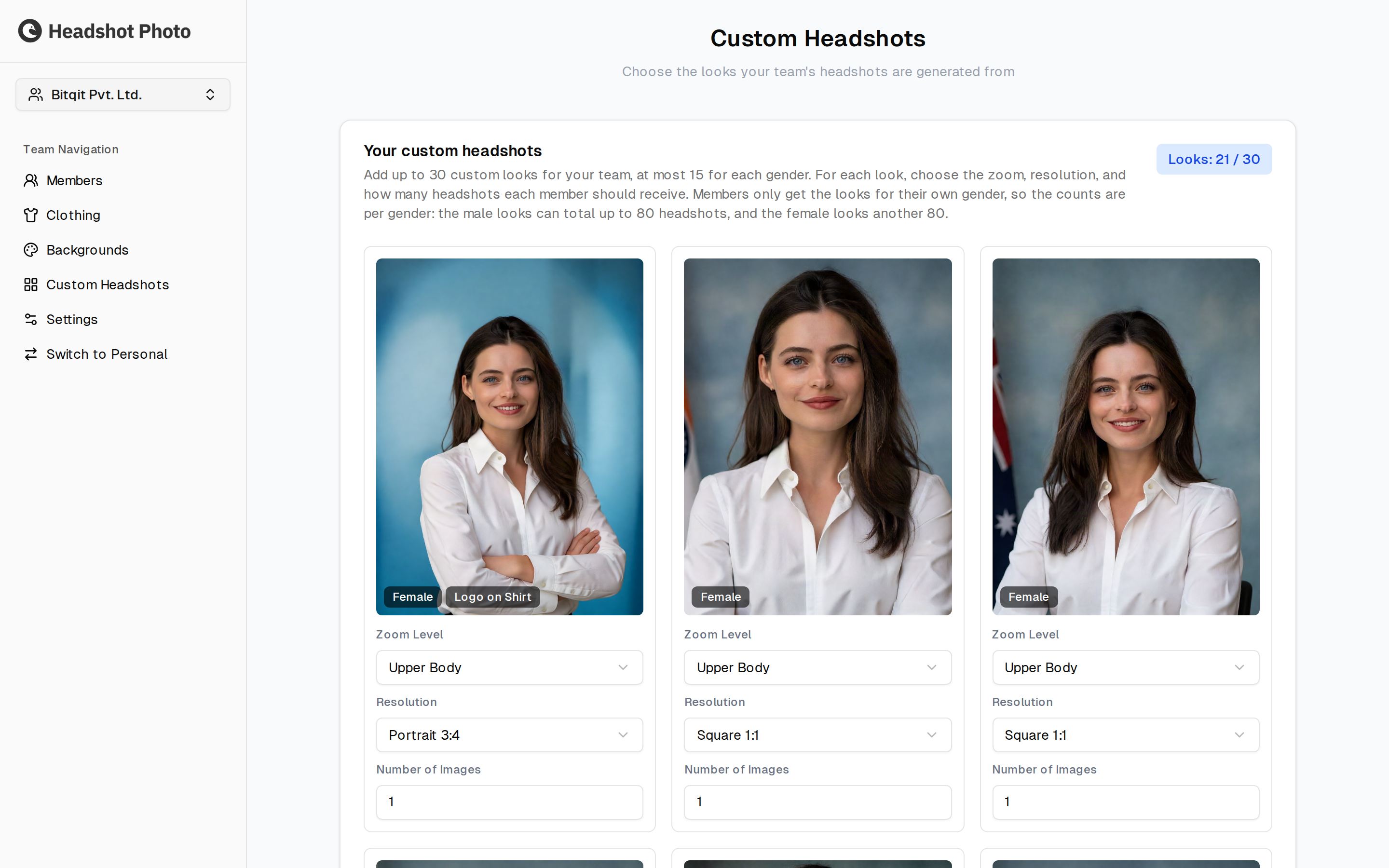 Custom Headshots page showing configured looks, each with a gender badge, zoom level, resolution, and image count