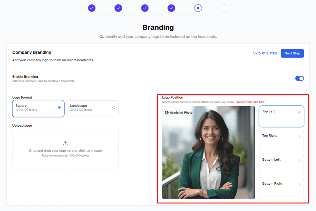 Logo positioning options showing four corner placements