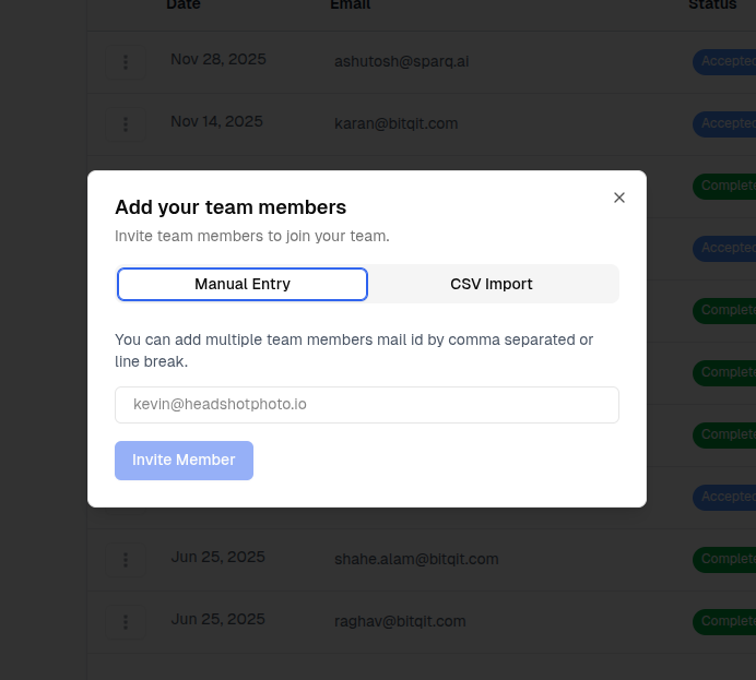 Manual entry form for adding multiple team members by email