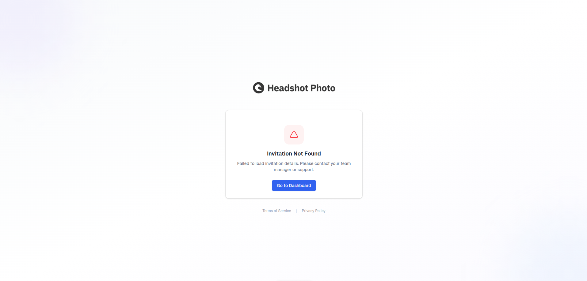 Invitation Not Found error screen with a link back to the dashboard