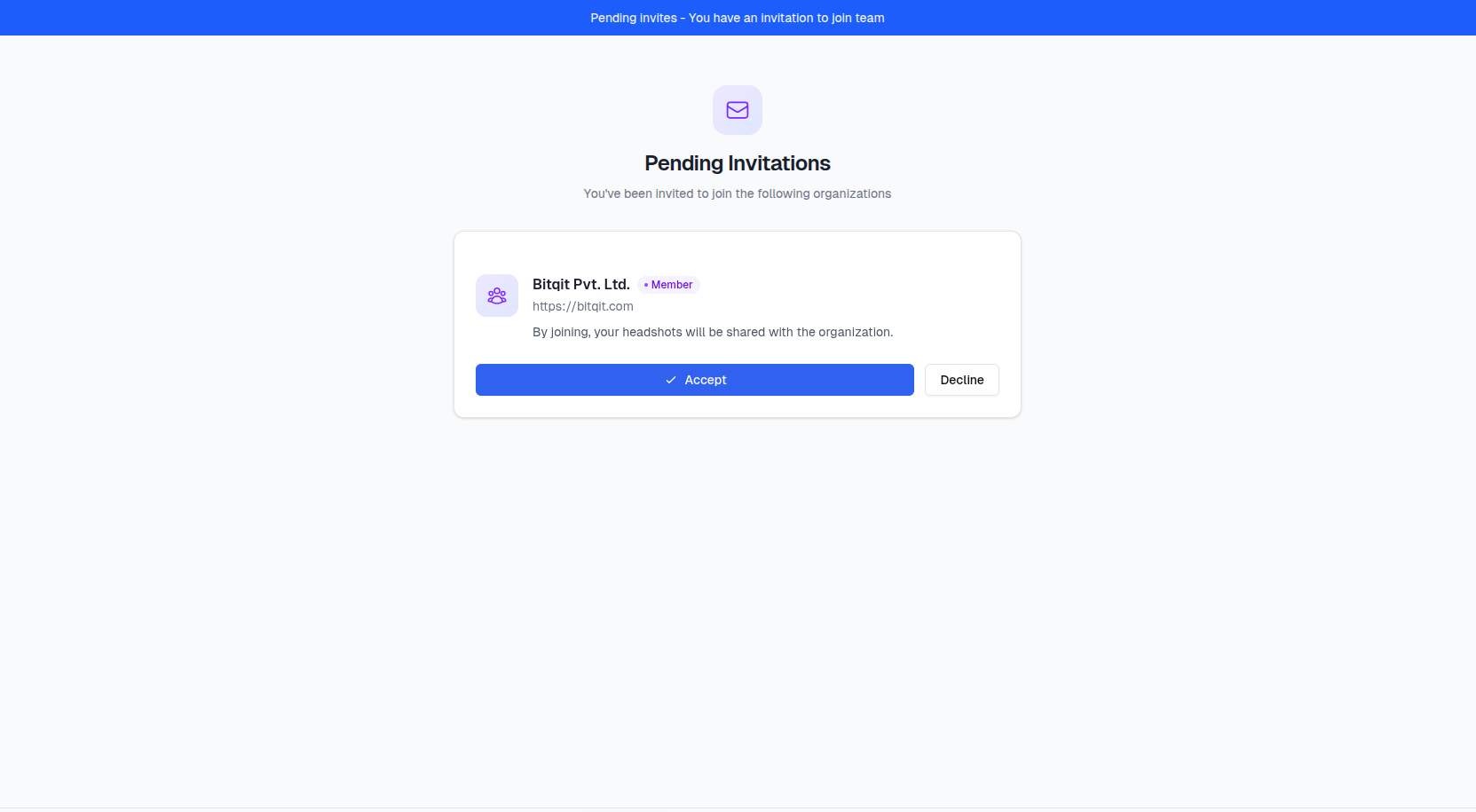 Pending Invitations page listing each team the member has been invited to, with accept and decline buttons