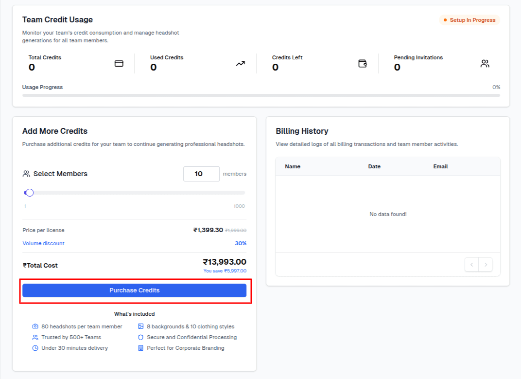 Purchase credits interface showing available credit packages