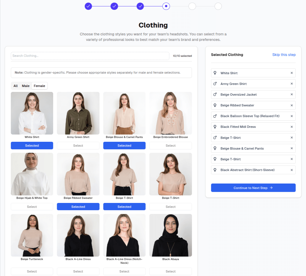 Select clothing options for team headshots