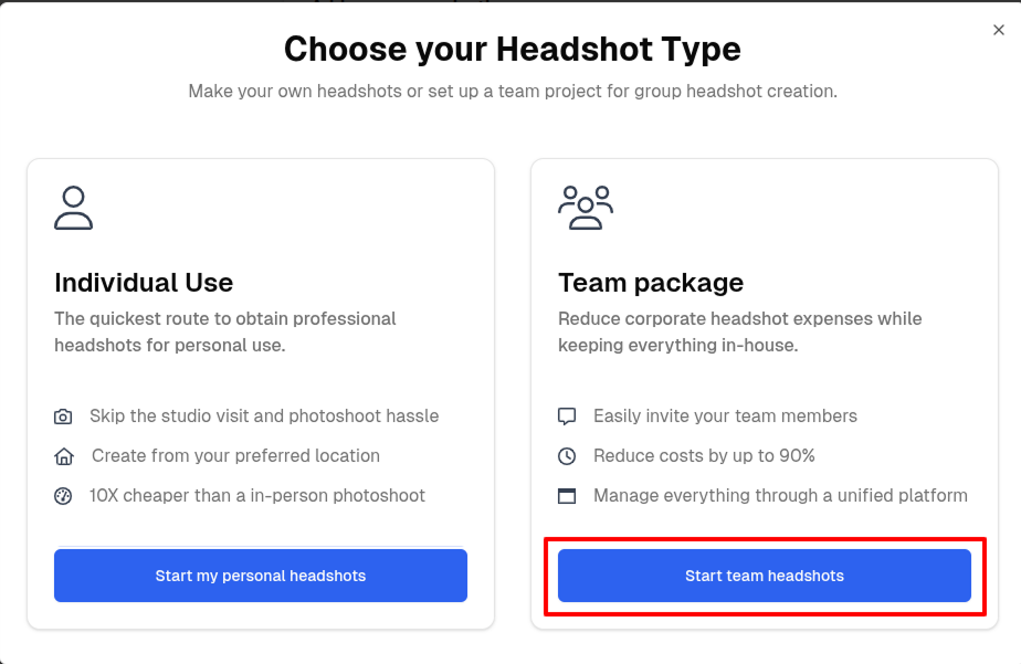 Select Team Package option for team headshots