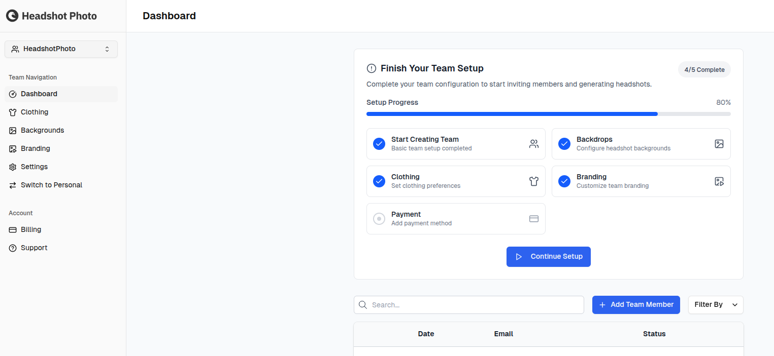 Team dashboard overview showing navigation and member statistics