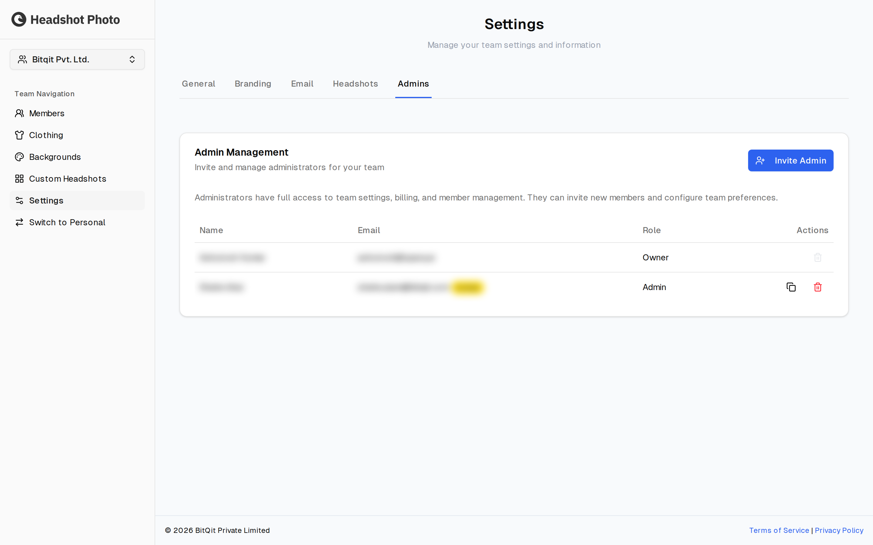 Admins tab showing the Admin Management table with name, email and role columns