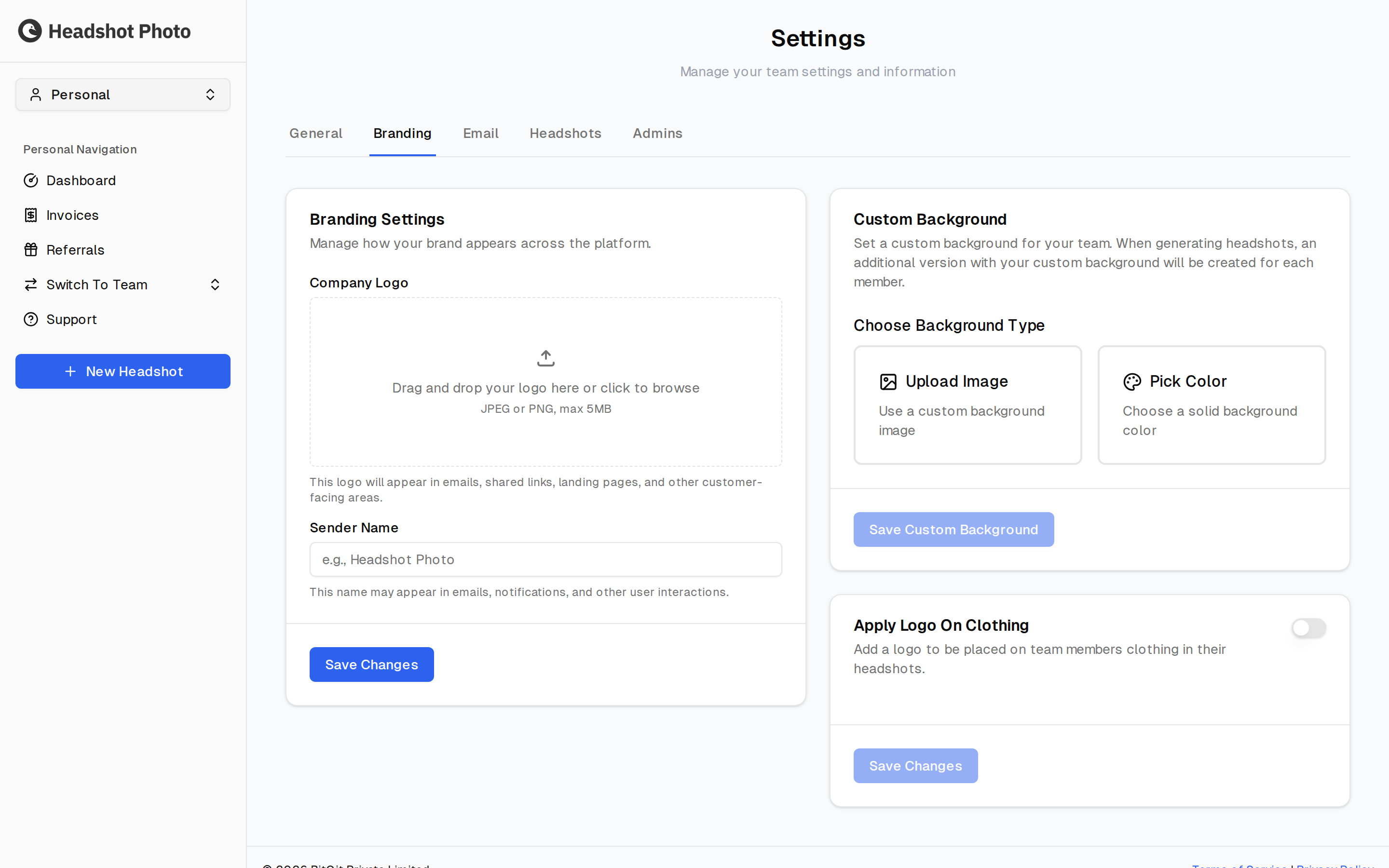 Branding tab showing branding settings, custom background, and logo on clothing