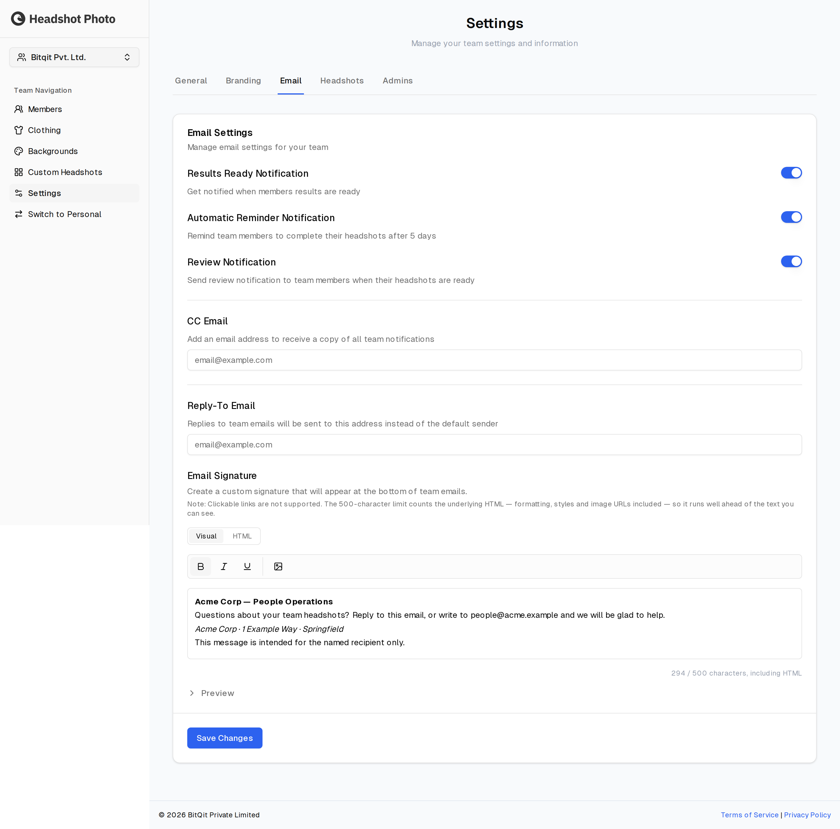 The Email tab in full, with the Email Signature editor and its character counter below the notification and address fields