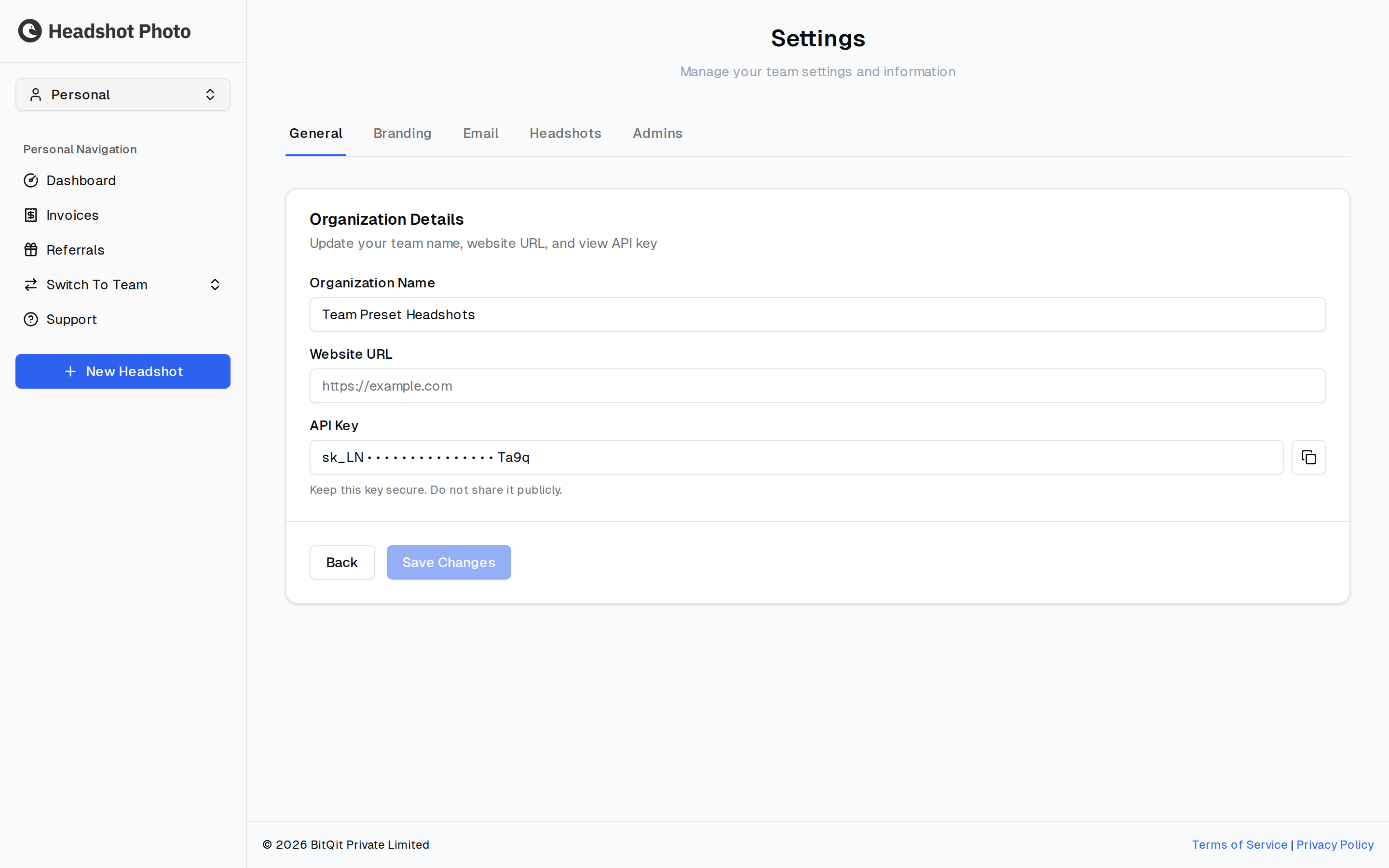 Team settings page showing the five tabs with General selected