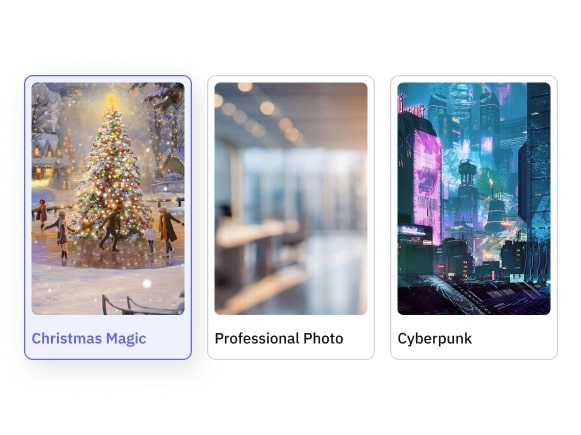 AI-generated Christmas photo style comparison showing Christmas Magic and Cyberpunk themes side by side