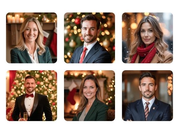 Grid of six AI-generated Christmas headshots showing various professional and casual festive portraits