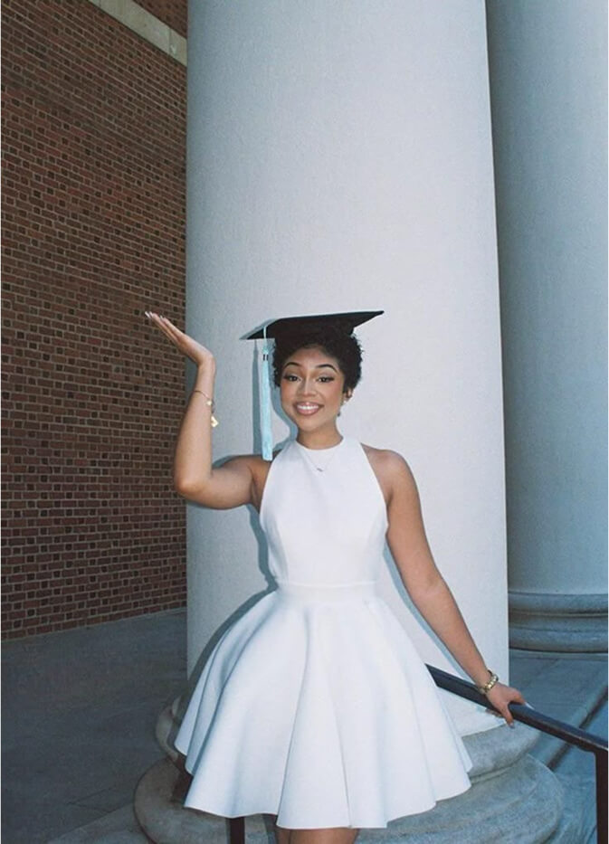 white graduation dress sleeveless Black Jacquard Satin Homecoming Dress Puffed Sleeve Graduation Dress hc331 main image 0