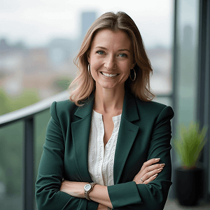AI generated realtor headshot of a woman with outdoor environment