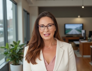 AI-generated headshot of a woman with long brown hair and glasses in a modern office background, wearing a cream blazer