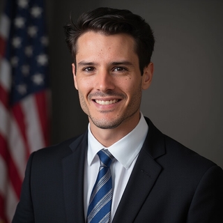 AI-generated headshot of a man in a black suit and striped tie, smiling confidently with an American flag in the background.