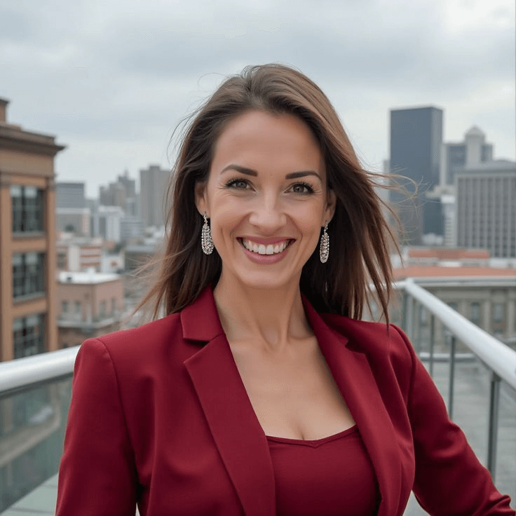 AI-generated headshot of a woman in a maroon suit and earrings with a city skyline in the background.
