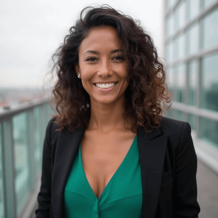 AI-generated headshot of a smiling woman standing on a rooftop with city views.