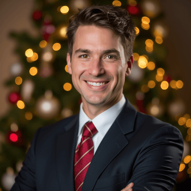 AI-generated headshot of a man in a dark suit and red tie, smiling in front of a Christmas tree.