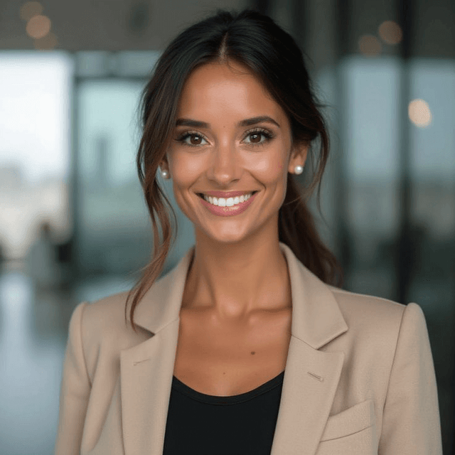AI-generated headshot of a smiling woman in a beige blazer in a modern office environment.