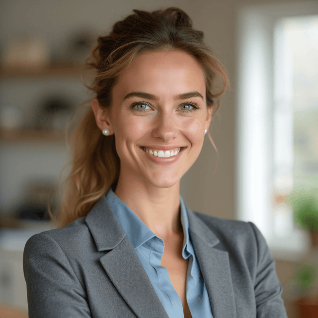 AI-generated headshot of a smiling woman in a grey blazer and blue shirt with a blurred indoor background.