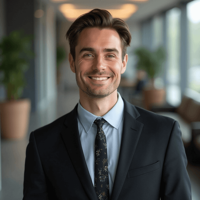 AI-generated headshot of a man in a dark suit and floral tie in a modern office hallway.