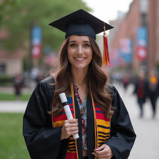 AI-generated headshot example of a woman in a graduation cap and gown, smiling while holding a diploma on campus.