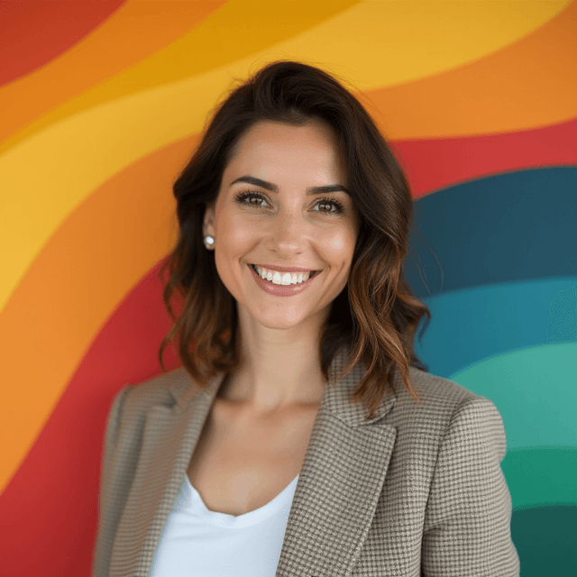 AI-generated headshot of a smiling woman in front of a bright, rainbow-colored wall.