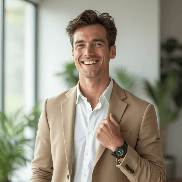 AI-generated headshot of a smiling man standing in modern office with plants.