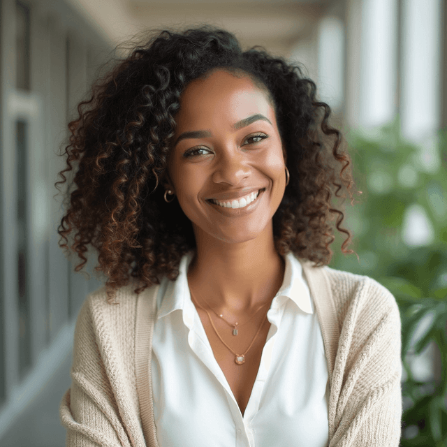 AI-generated headshot of a smiling woman with curly hair in a relaxed office environment.