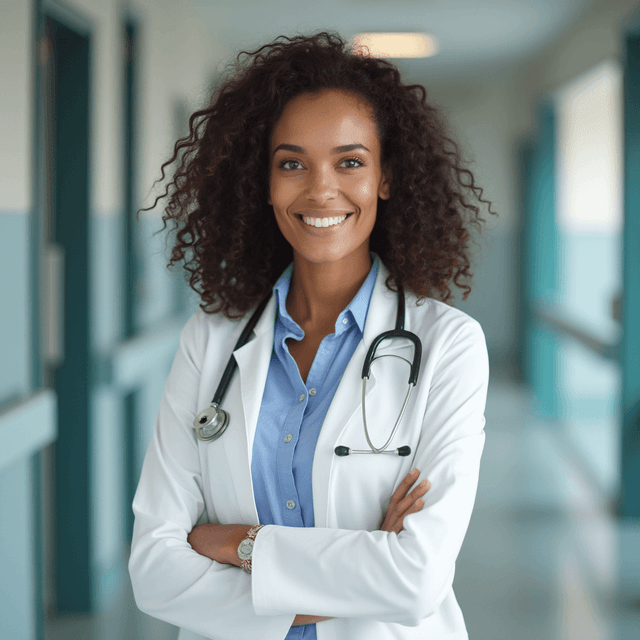 AI-generated headshot of a smiling female doctor wearing a white coat and stethoscope in a hospital hallway.