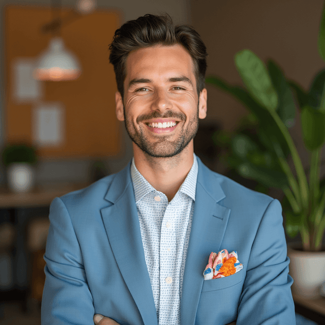 AI-generated headshot of a smiling man in a blue blazer in a cozy indoor office setting with plants.