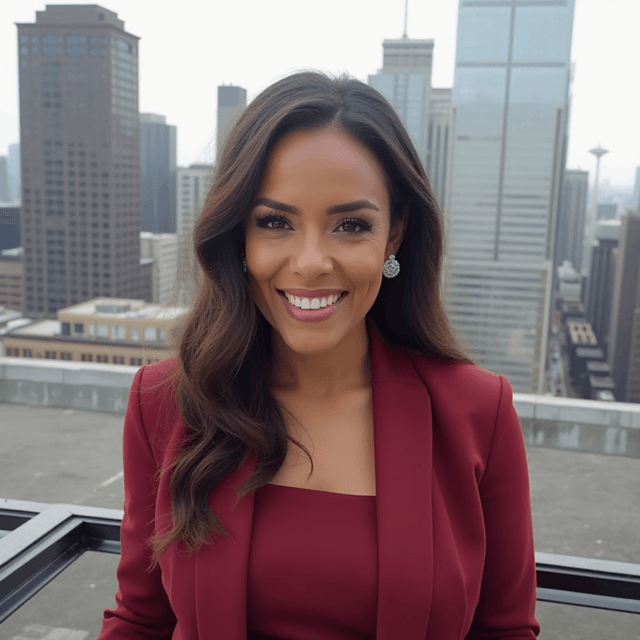 AI-generated headshot of a woman smiling confidently with a city skyline in the background.